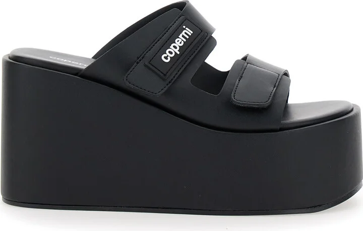Black Wedges With Logo Patch On The Front And Touch-strap Closure In Leather Woman