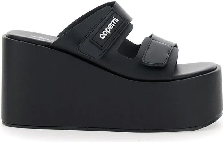 Black Wedges With Logo Patch On The Front And Touch-Strap Closure In Leather Woman
