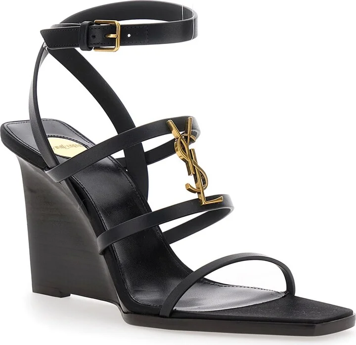 Black Wedges With Metallic Cassandre Detail And Adjustable Leather Strap In Leather Women - Image 2
