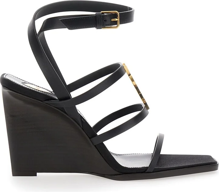 Black Wedges With Metallic Cassandre Detail And Adjustable Leather Strap In Leather Women