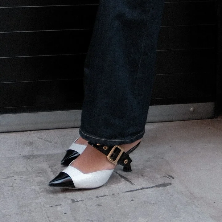 Black / White Arianna Black And White Patent Dressy Mid High Heel Leather Work Evening Wedding Pointy Mule - Image 2