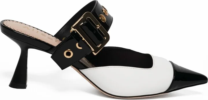Black / White Arianna Black And White Patent Dressy Mid High Heel Leather Work Evening Wedding Pointy Mule - Image 3
