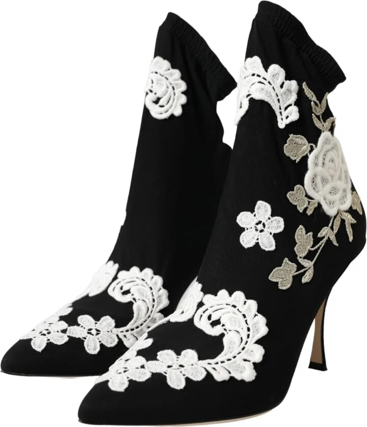 Black White Embroidery Slip On Boots Women's Shoes - Image 3