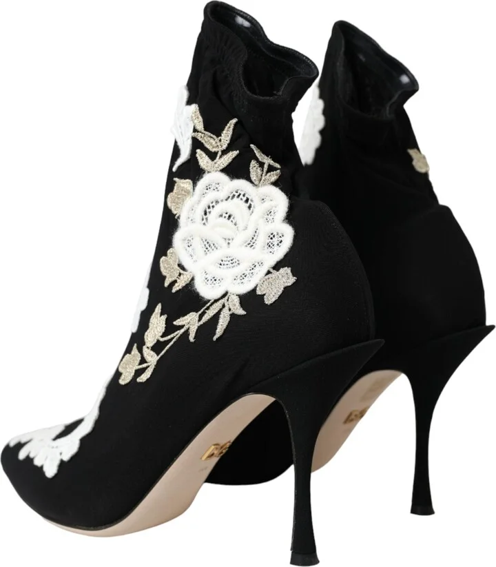 Black White Embroidery Slip On Boots Women's Shoes - Image 4