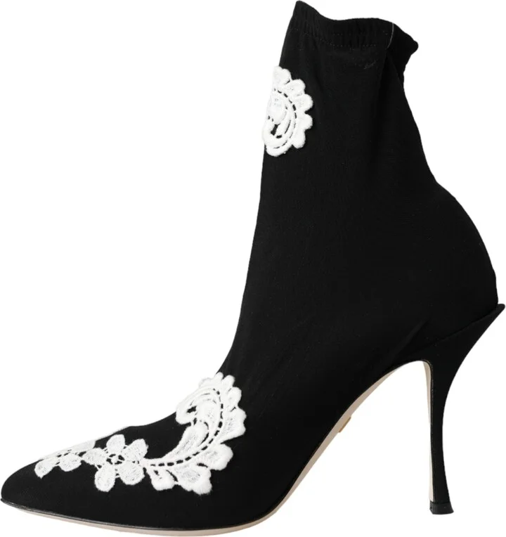 Black White Embroidery Slip On Boots Women's Shoes - Image 5