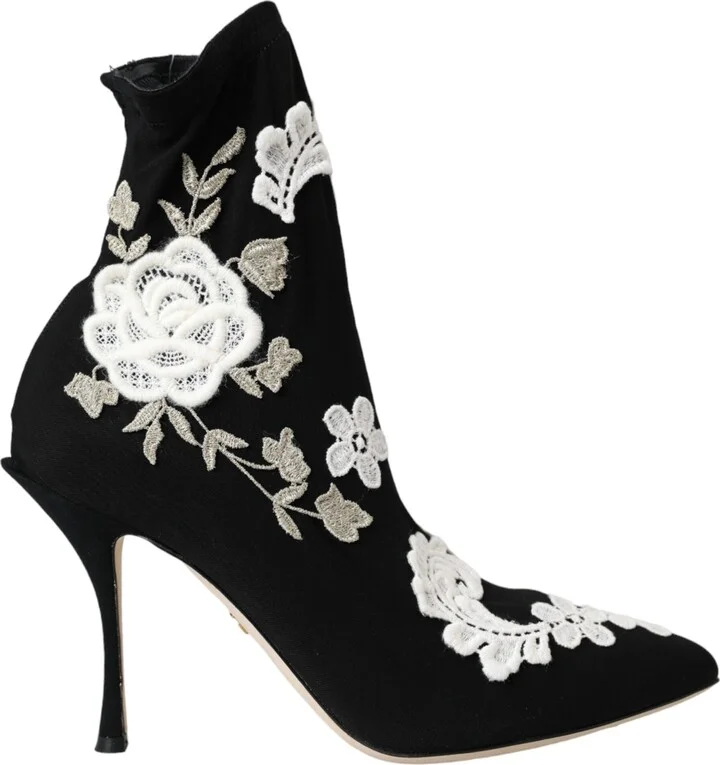 Black White Embroidery Slip On Boots Women's Shoes