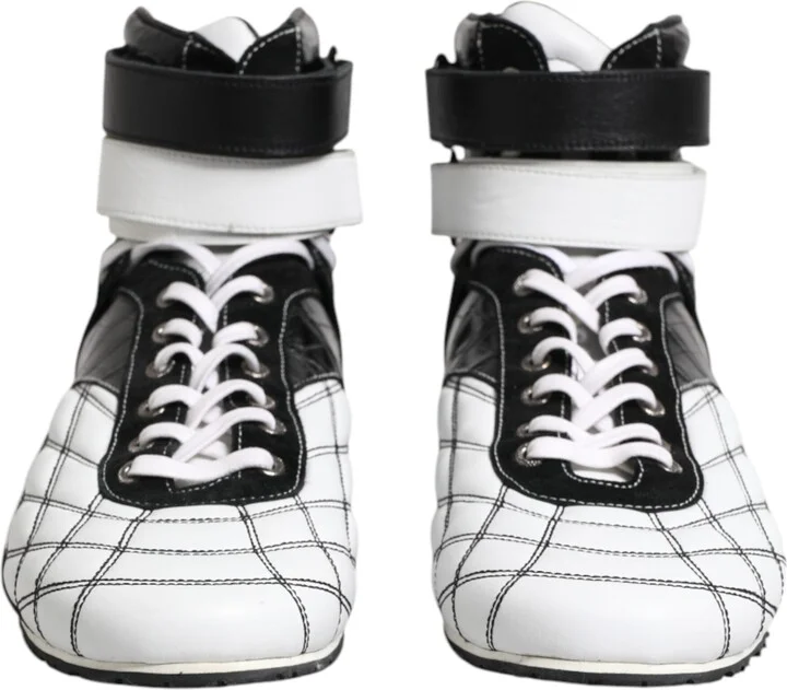 Black White Leather High Top Sneakers Men's Shoes - Image 2