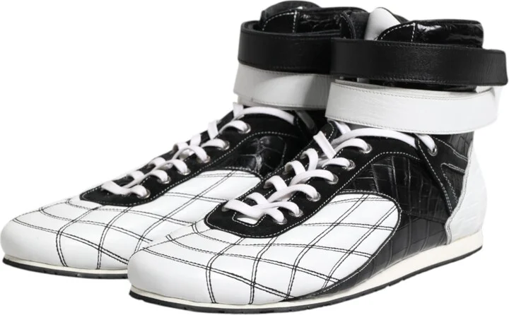 Black White Leather High Top Sneakers Men's Shoes - Image 4