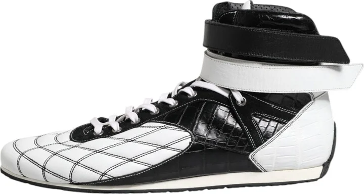 Black White Leather High Top Sneakers Men's Shoes - Image 6