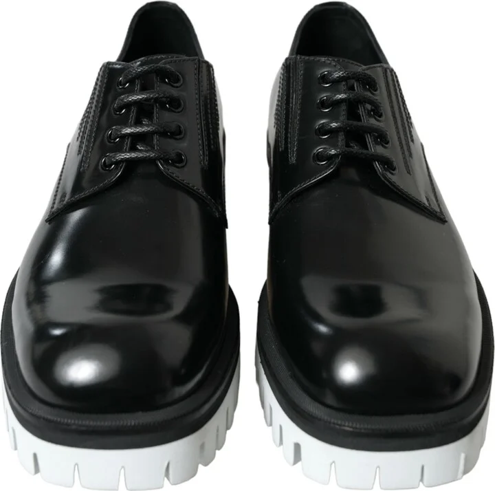 Black White Leather Lace Up Derby Dress Men's Shoes - Image 2