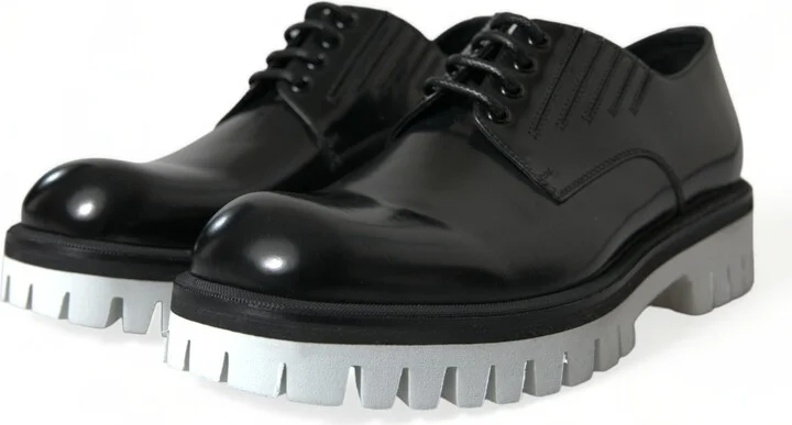Black White Leather Lace Up Derby Dress Men's Shoes - Image 3