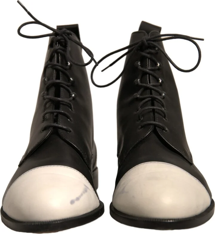 Black White Leather Lace Up Flats Ankle Boots Women's Shoes (Pre-Owned) - Image 2