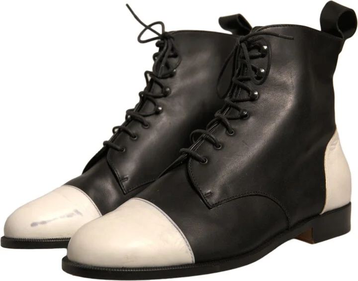 Black White Leather Lace Up Flats Ankle Boots Women's Shoes (Pre-Owned) - Image 3
