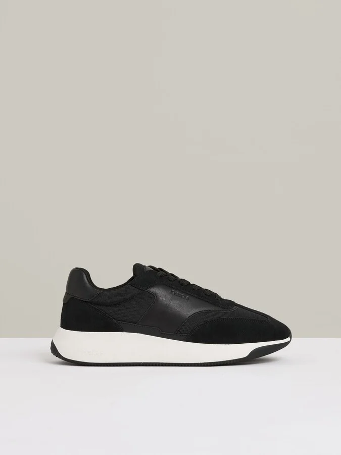 Black/white Leather Suede Running Trainers