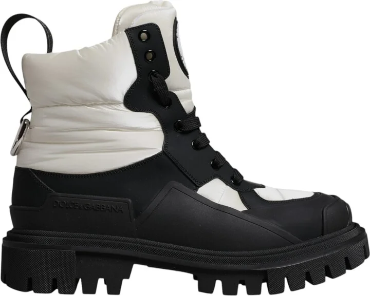 Black White Padded Mid Calf Lace Up Boots Women's Shoes (Pre-Owned)