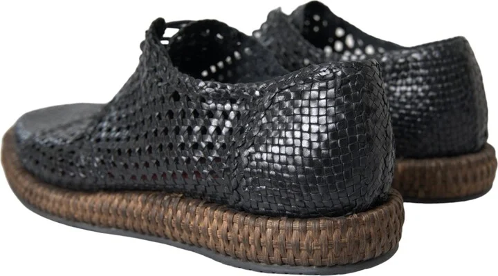 Black Woven Goat Leather Lace Up Derby Men's Shoes - Image 4