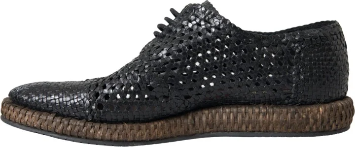 Black Woven Goat Leather Lace Up Derby Men's Shoes - Image 5