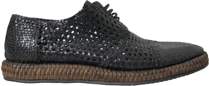 Black Woven Goat Leather Lace Up Derby Men's Shoes