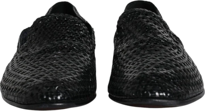 Black Woven Leather Slip On Loafers Men's Shoes (Pre-Owned) - Image 2