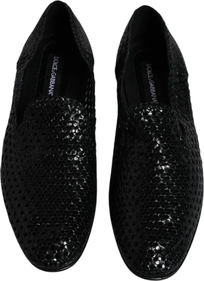 Black Woven Leather Slip On Loafers Men's Shoes (Pre-Owned) - Image 3