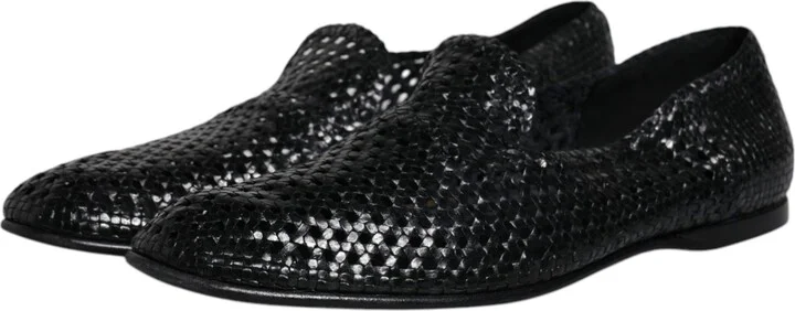 Black Woven Leather Slip On Loafers Men's Shoes (Pre-Owned) - Image 4