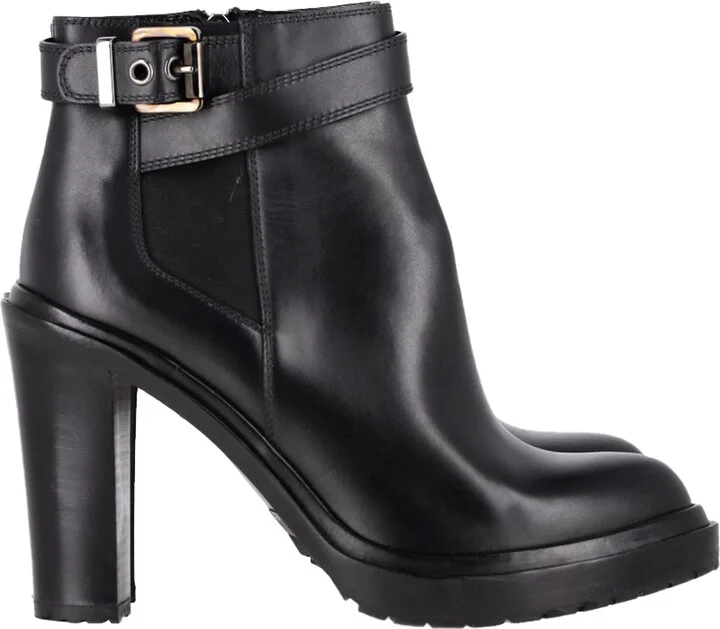Block Heel Ankle Boots in Black Leather