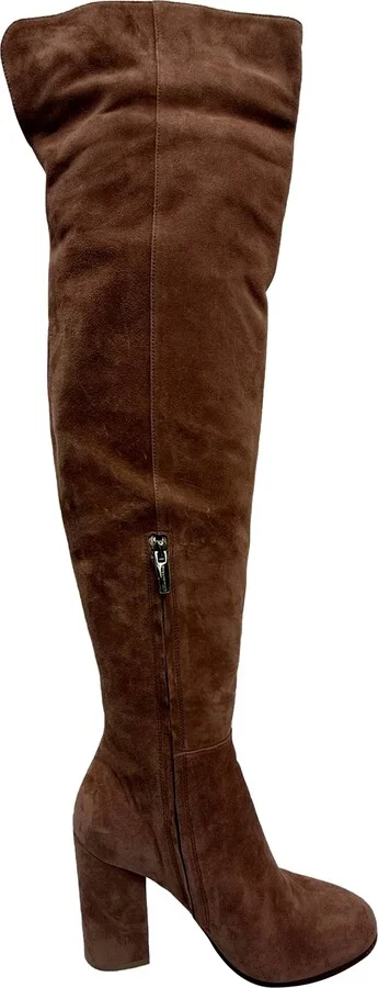 Block-Heel Knee-High Boots in Brown Suede