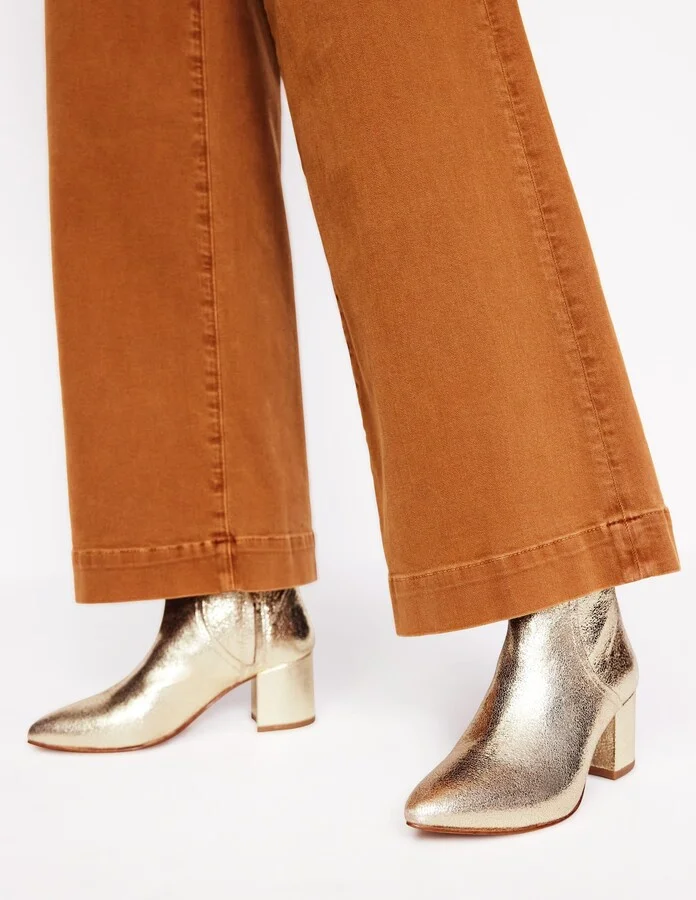 Block Heel Leather Ankle Boots, Gold