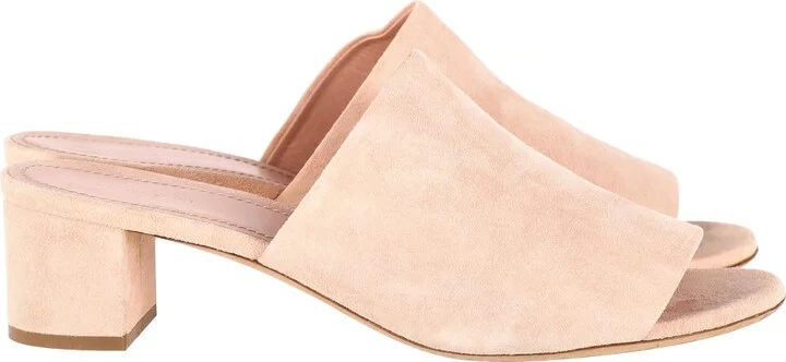 Block Heel Mule Sandals in Pastel Pink Suede