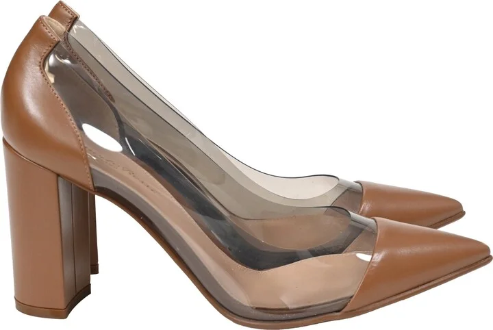 Block-Heel Pumps in Brown PVC and Leather