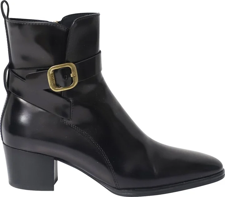 Block Heel Wrap Detail Ankle Boots in Black Leather