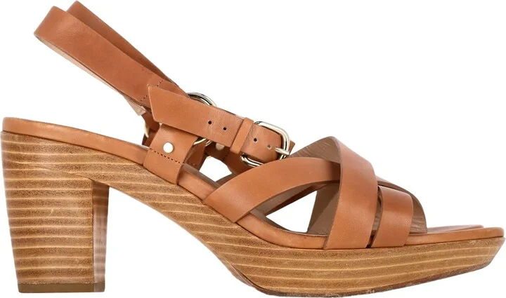 Block Sandal Heels in Brown Leather