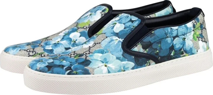 Bloom Flower Print Blue GG Supreme Coated Canvas Slip Sneakers 407362 8471 - Image 2