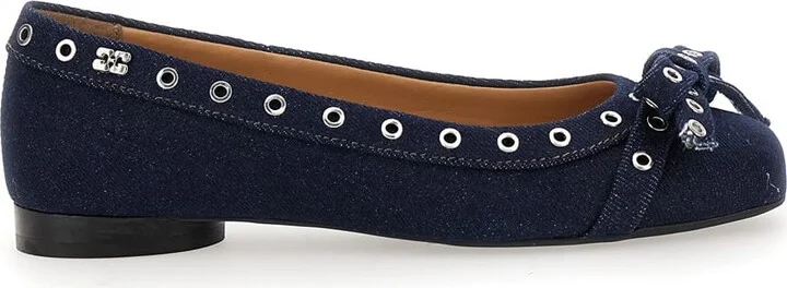 Blue Ballet Flats With Eyelet Details In Cotton Woman