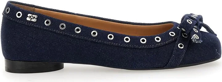Blue Ballet Flats With Eyelet Details In Cotton Woman