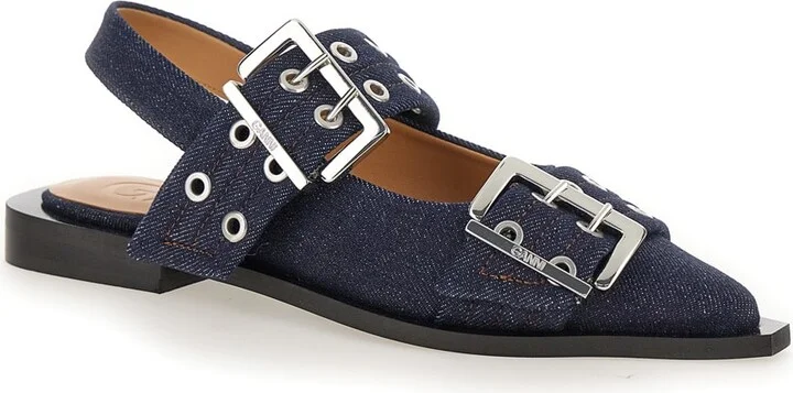 Blue Ballet Shoes With Double Buckle In Denim Woman - Image 2