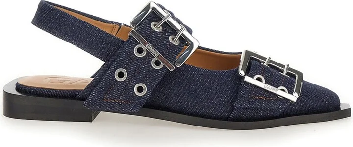 Blue Ballet Shoes With Double Buckle In Denim Woman
