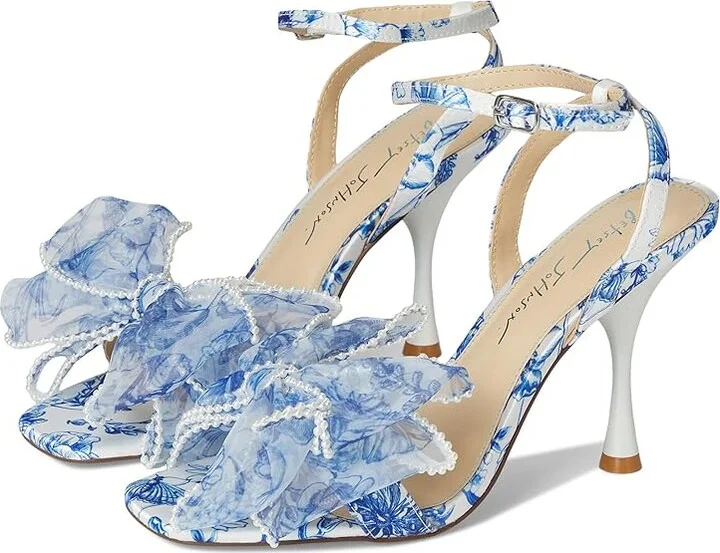 Blue by Betsey Johnson Fawn Women's Wedge Shoes White/Blue Floral : 9.5 M, Leather
