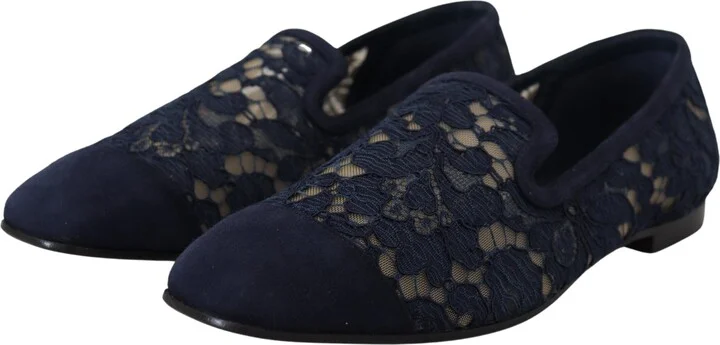 Blue Floral Lace Slip Ons Loafers Flats Women's Shoes - Image 2