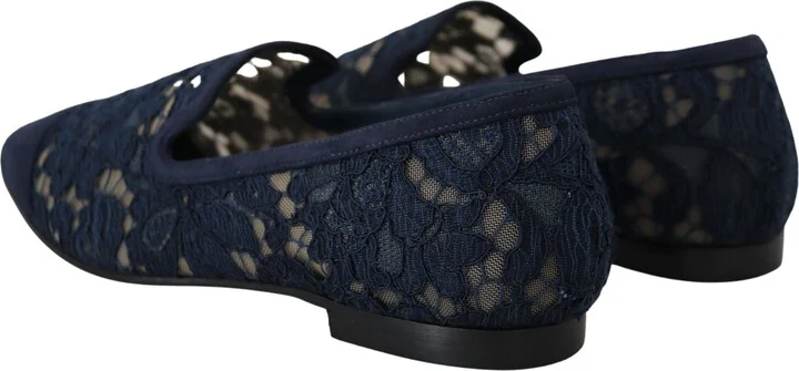 Blue Floral Lace Slip Ons Loafers Flats Women's Shoes - Image 3