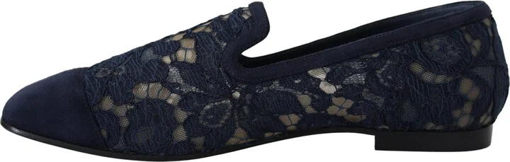 Blue Floral Lace Slip Ons Loafers Flats Women's Shoes - Image 4