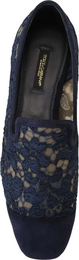 Blue Floral Lace Slip Ons Loafers Flats Women's Shoes - Image 6