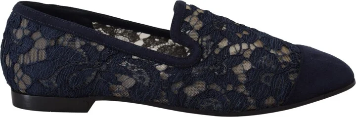 Blue Floral Lace Slip Ons Loafers Flats Women's Shoes