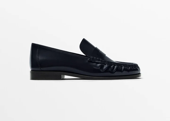 Blue Gathered Penny Strap Loafers