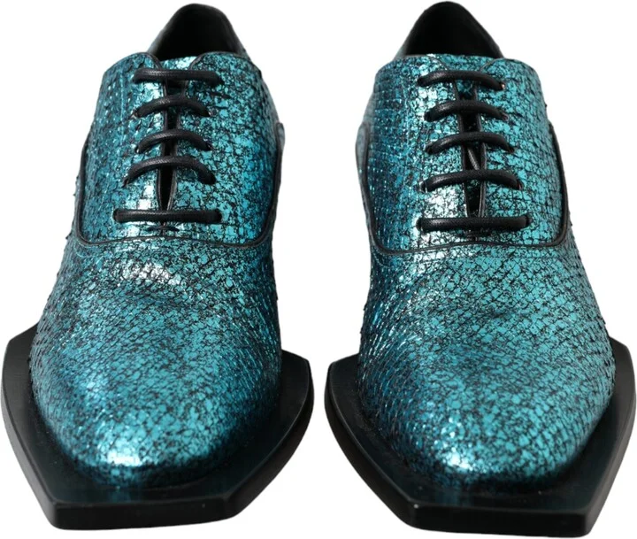 Blue Leather Derby Block Heels Dress Men's Shoes - Image 5