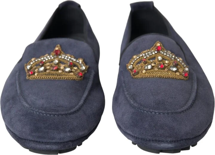 Blue Leather Suede Crystal Crown Loafers Men's Shoes - Image 2