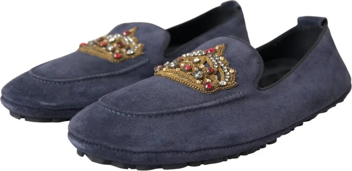 Blue Leather Suede Crystal Crown Loafers Men's Shoes - Image 3