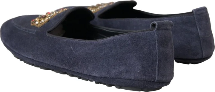 Blue Leather Suede Crystal Crown Loafers Men's Shoes - Image 4