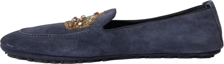 Blue Leather Suede Crystal Crown Loafers Men's Shoes - Image 5