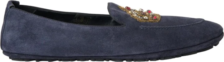Blue Leather Suede Crystal Crown Loafers Men's Shoes